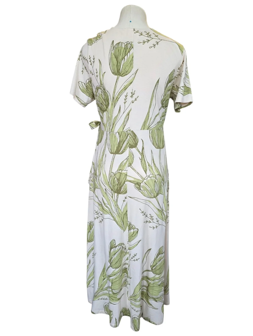 Organic Cotton Faux Wrap Dress Womens Size L Green Floral Midi Short Sleeve - Picture 3 of 9